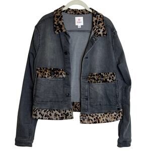 Lularoe Womens Jacket Large Gray Denim Leopard Print Trim Button Front Stretch
